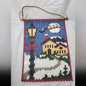 Vintage Beaded Banner Christmas House Santa Sled Reindeer